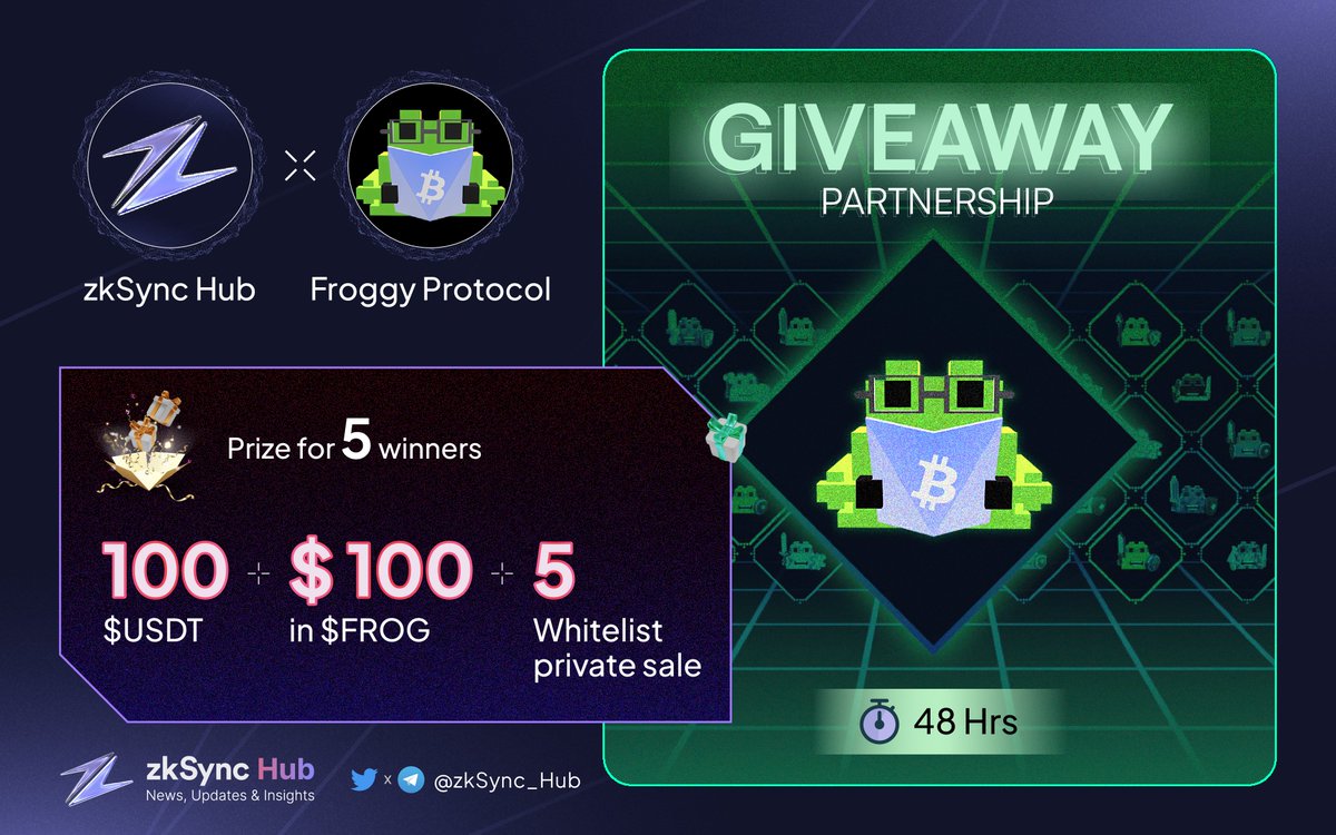 GamingOnBase's tweet photo. 🔊PARTNERSHIP - GIVEAWAY 🤝

🎁 Prize for 5 winners

- 100 $USDT
- $100 in $FROG
- 5 Whitelist private sale

✔️ To Enter:
1️⃣ Follow @zkSync_Hub x @FroggyYields
2️⃣ ❤️ and Retweet
3️⃣ Tag 3 friends
4️⃣ Join https://t.co/w77DL7DyKf and https://t.co/edzNsNkHqN

Time: 48 hours

#zkSync #Era #Airdrop #Giveaway