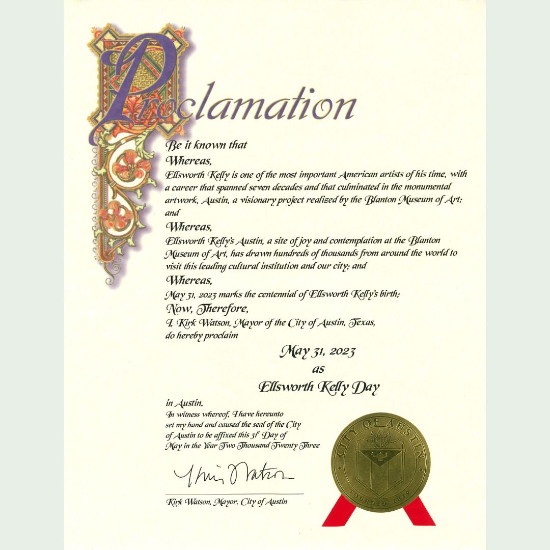 BlantonMuseum's tweet photo. Hear ye! Hear ye! As well as being the centennial of #EllsworthKelly’s birthday today, @AustinTexasGov mayor @KirkPWatson signed a proclamation to declare May 31st, 2023 as Ellsworth Kelly Day! 🥳
Learn more at https://t.co/ZfVHL4uQTf #EllsworthKelly100 #EK100 #KellyAtTheBlanton https://t.co/j9mBwC56rm