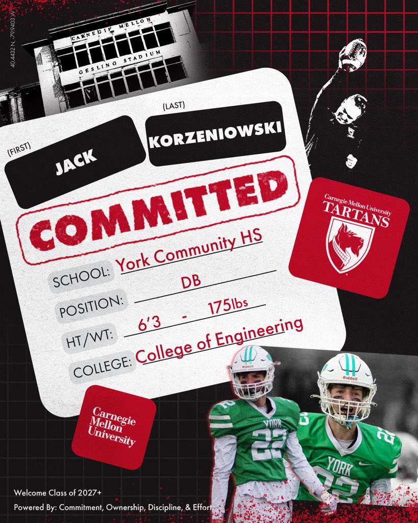 ❕❗️🚨#TartanRi23🚨❗️❕
.
.
👤: Jack Korzeniowski
📲: <a href="/JackKorzeniowsk/">Jack Korzeniowski</a>
📚: <a href="/CMUEngineering/">CMU College of Engineering</a>
🏈: DB
🏋️‍♂️: 6'3, 175lbs
🎥: tinyurl.com/jkorzeniowsk20…
🏠: @york_dukes
📍: Elmhurst, IL
.
.
#CODE | #BYB | #RDT