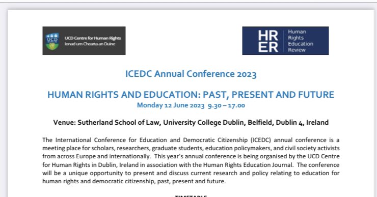 📢 🎉Excited to announce that the final Programme for the 14th ICEDC Conference on #HumanRightsEducation 12 June @UCDLawSchool is now available. See here also to register ucd.ie/law/events/hre…

Key notes @ProfLauraLundy @AudreyOsler @HughStarkey
