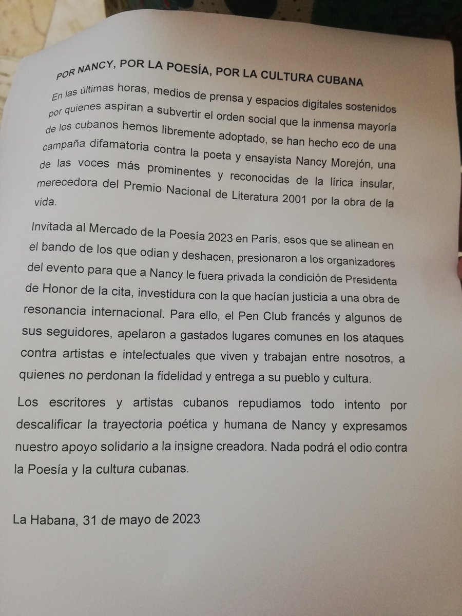 #TodosSomosNancyMorejón Poetisa querida, intelectual imprescindible, Nancy Morejón tiene el apoyo y solidaridad de sus colegas de la #UNEAC. Rechazamos la campaña difamatoria contra ella, que la priva injustamente de ser Presidenta de Honor del Mercado de la Poesía 2023 en París.