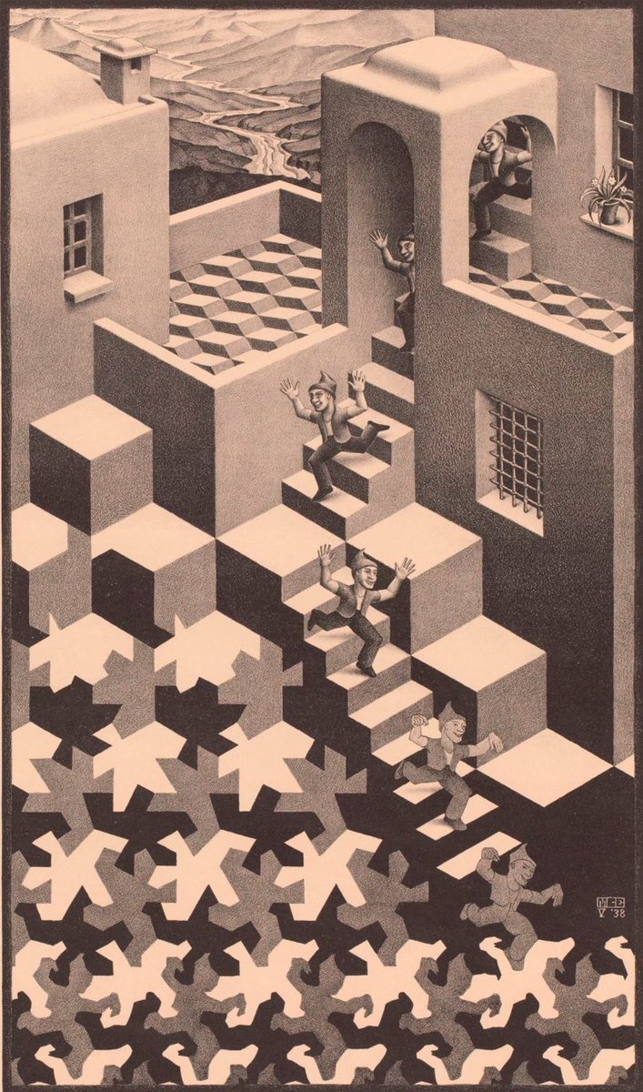 AltaJefrey's tweet photo. La obra "Cycle" de Maurits Escher, es impactante puesto que la representación visual de un ciclo infinito jugando con la perspectiva y la geometría, desafiando nuestra percepción de la realidad.Escher crea un mundo SURREALISTA, donde no existe un ni principio ni fin.
#UTECIVIL https://t.co/oOqBovGggU