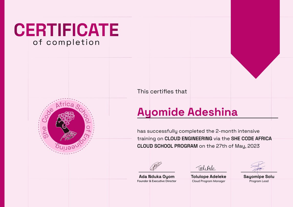 AyBimss's tweet photo. I have been awarded my certificate for the @SheCodeAfrica cloud school program πππ
I'm so grateful for the opportunity and I will continue to build on what I have learnt.
#SCACloudSchool #SCACloudGirl #SCAxDeimos https://t.co/ljBjdRN9qB
