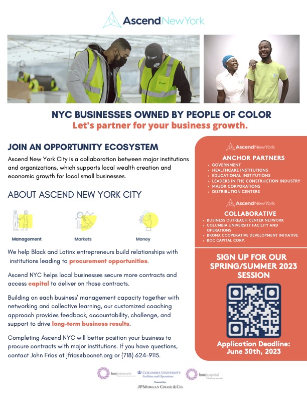 ColumbiaHarlem's tweet photo. Calling all Black and Latinx entrepreneurs - Ascend NYC is taking applications for their summer session NOW through 6/30. Apply today and to kickstart your business! Orientation begins 7/26, and classes begin 8/9. Learn more here: https://t.co/RaLk8uXn0J https://t.co/aBZIdBndIl