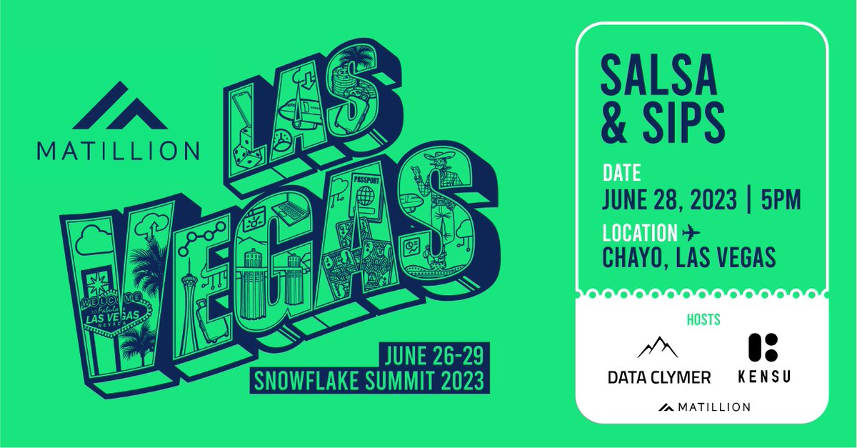 DataClymer's tweet photo. Did someone say salsa? 🙌

If you’re looking for a fun and exciting way to network with other #SnowflakeSummit attendees, join us for a Salsa &amp; Sips Happy Hour with @matillion, and Kensu!

RSVP: https://t.co/9VGBroX1nO https://t.co/5zMgxFzObN
