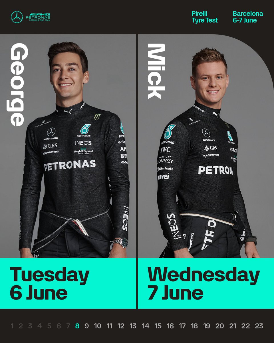 Next week in Barcelona = #F1Testing with Pirelli. 🍩

George will drive on Tuesday, <a href="/SchumacherMick/">Mick Schumacher</a> will get his first laps in the W14 on Wednesday. 👊