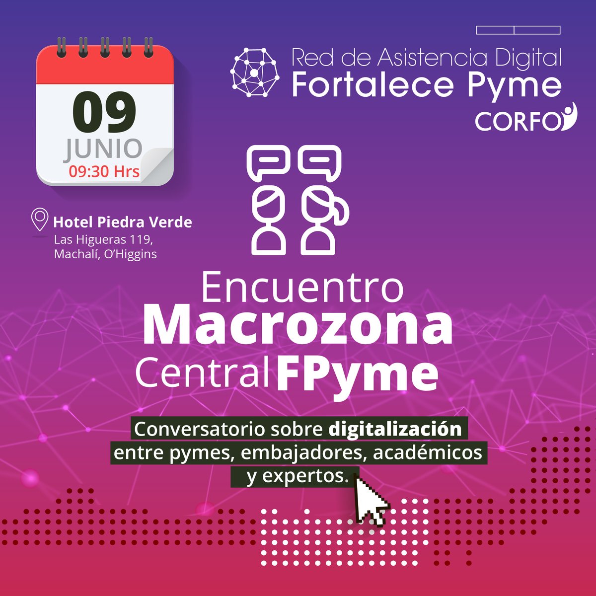 ¡Ya está todo listo para el Encuentro Macrozona Central FPyme! Conversaremos sobre innovación, nuevas oportunidades y el apoyo de <a href="/Corfo/">Corfo</a> a #pymes💪📈

📅9 de junio - Hotel Piedra Verde, Las Higueras 119, Machalí, O'Higgins

Inscripciones➡️forms.gle/tgrMqgwK5x4tA6…