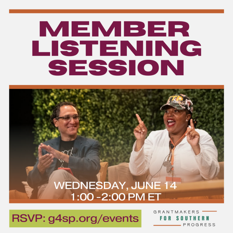 Join GSP for our third Member Listening Session of 2023 on Wednesday, June 14th from 1 – 2 pm EST, hosted by Teumbay Barnes of the Southern Partners Fund and GSP steering committee member. REGISTER: ow.ly/mpxS50OB4RU

#FundSouthernProgress #G4SP #GSPMembers