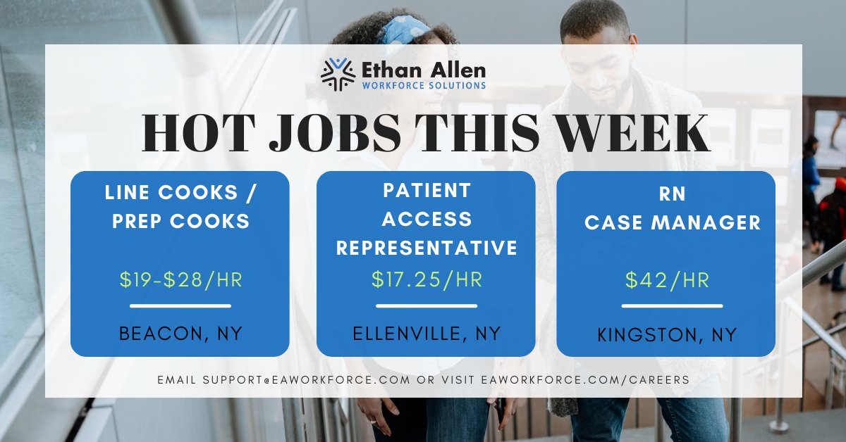 EthanAllenWFS's tweet image. Check out our newest job openings this week: #LineCooks and #PrepCooks in #Beacon, NY, #PatientAccessRepresentative in #Ellenville, NY, and a #RN #CaseManager in #Kingston, NY. Learn more by searching these specific job titles on our website: eaworkforce.com/careers/#/