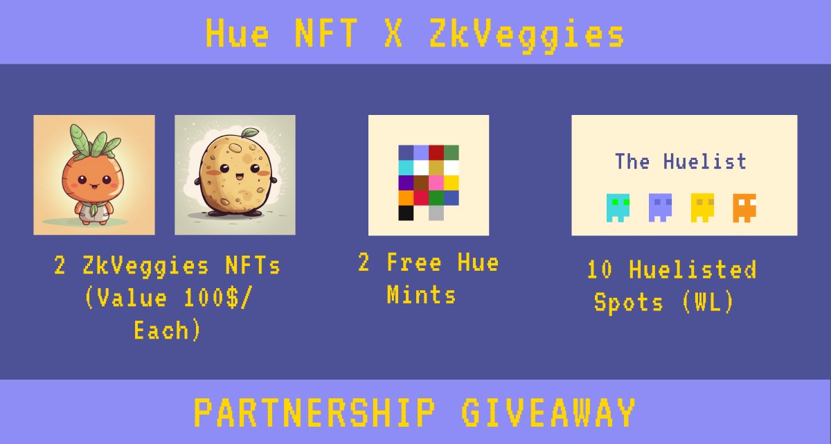 HueStudiosCo's tweet photo. 1300$ GIVEAWAY - DON'T MISS IT 🥦

To celebrate our recent partnership with @zkVeggies, we're giving away : 
👉 2x zkVeggies (250$) #NFTs 
👉 2x Hue Free Mints (150$) 
👉  10x Hue WL's spots (900$)  

To be eligible : 
✅ Follow @zkVeggies & @hue_nfts 
✅ RT & Like this tweet 
✅ Join Hue's discord: https://t.co/j4jdE2maOq 
✅ Join zkVeggies discord: https://t.co/2ku3uYHwSw 

⏰ 72hrs