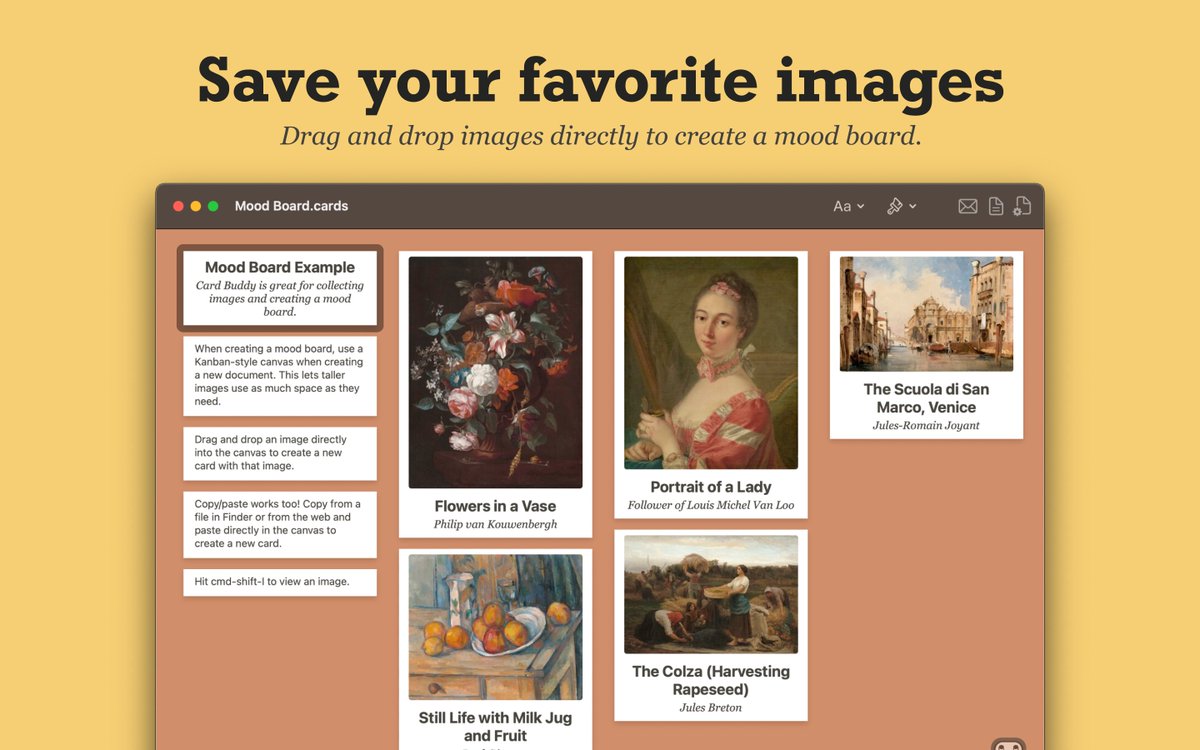 cardbuddyapp's tweet photo. The latest version of Card Buddy is now in the Mac App Store! 

Download it today
https://t.co/N9aLF3LW4U

#moodboard #corkboard #toolsforthought #appstore #macapps #writing https://t.co/dUuPIzQ6lC