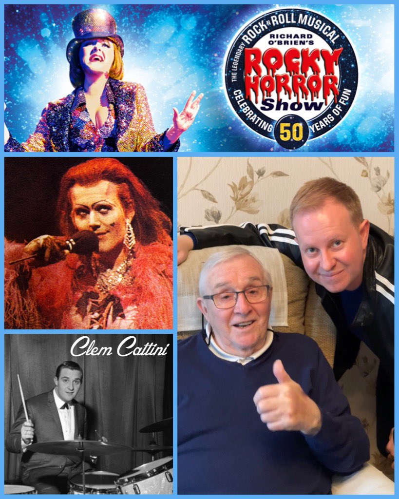 DavidDecio's tweet photo. Photo with a dear family friend Clem Cattini in 2023, which is also Richard O'Brien's Rocky Horror Show 50th Anniversary! Clem a rock and roll drummer of the late 1950s-60s, who was a member of The Tornados before becoming well known for his work as a session musician. https://t.co/prKuDsBViN