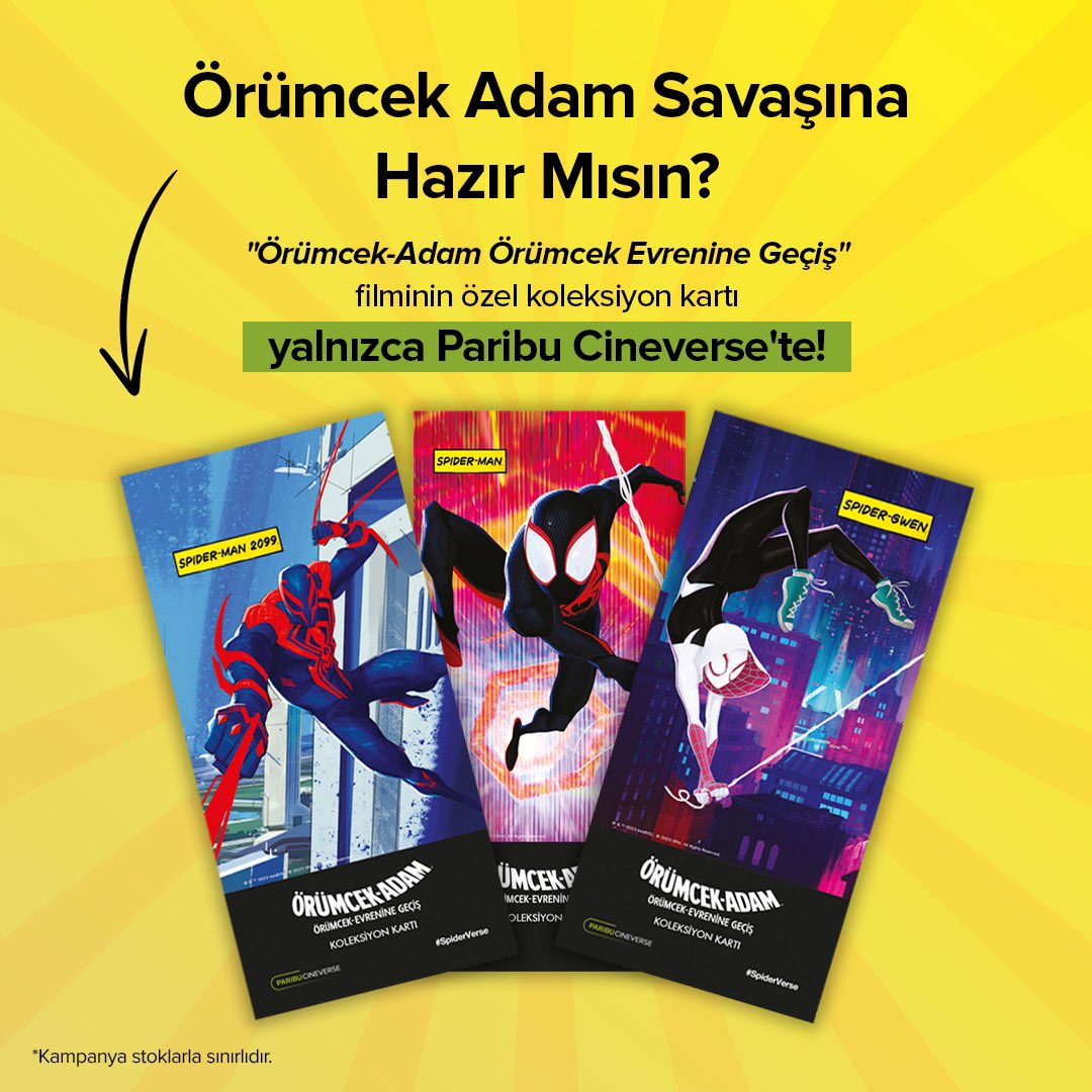 'Örümcek-Adam: Örümcek Evrenine Geçiş” filmini Paribu Cineverse’te izleyen ilk 50.000 kişiye özel koleksiyon kartı hediye ediyorum. 🕷 Biletinle birlikte koleksiyon kartını gişeden istemeyi unutma. 🎟 #SpiderVerse #Spiderman #ParibuCineverse