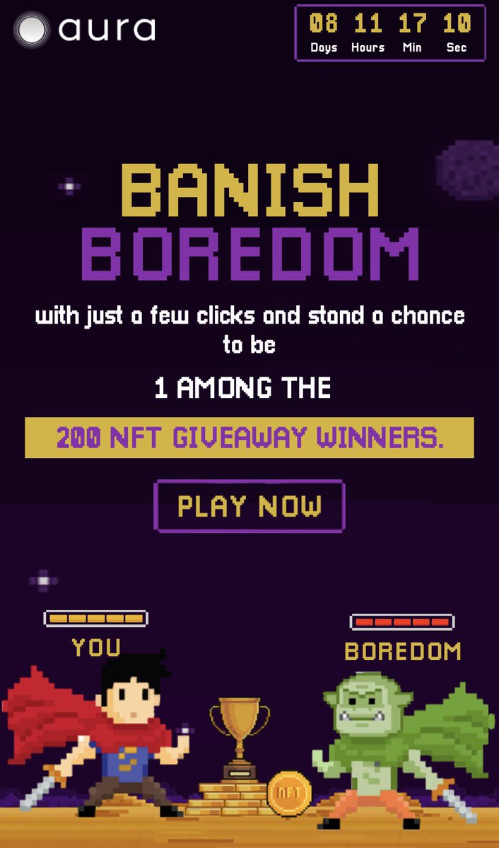 StevenAscher's tweet photo. Game time is about to get lit! @aura_commerce is on a mission to crush boredom, and we're invited to join the action.
Play their game at https://t.co/3qy5nd93u0 and seize the chance to win a free NFT from their epic collection! Let's go, gamers! 🔥🎮
#BanishBoredom #Web3Games #Partner