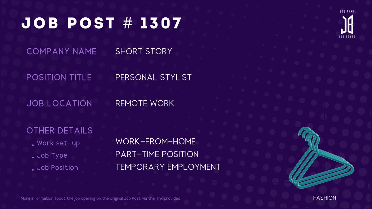 BTSARMYJobBoard's tweet photo. #BAJBRemote
REMOTE WORK
https://t.co/e2sWi2p2LL
#BAJBFashion
ARMYs, kindly contact the job poster / hiring party directly for more information. π€
Good luck! π https://t.co/TD4lEV9m8y