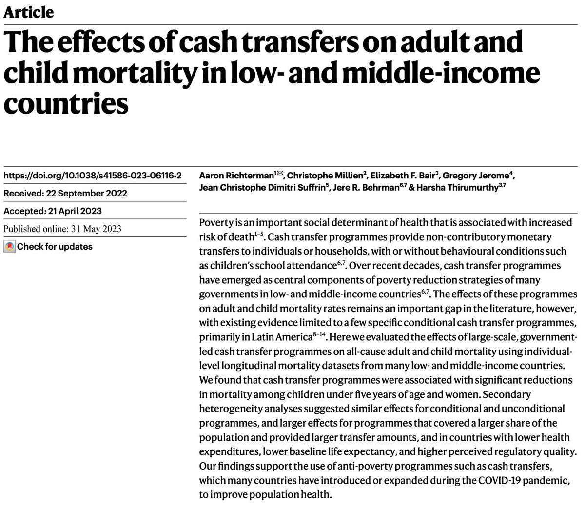 Over 100 governments in low- and middle-income countries have introduced anti-poverty cash transfer programs over the last 3 decades In new research, we examined the effects of these initiatives on the ultimate health outcome — mortality Published today in @Nature /1