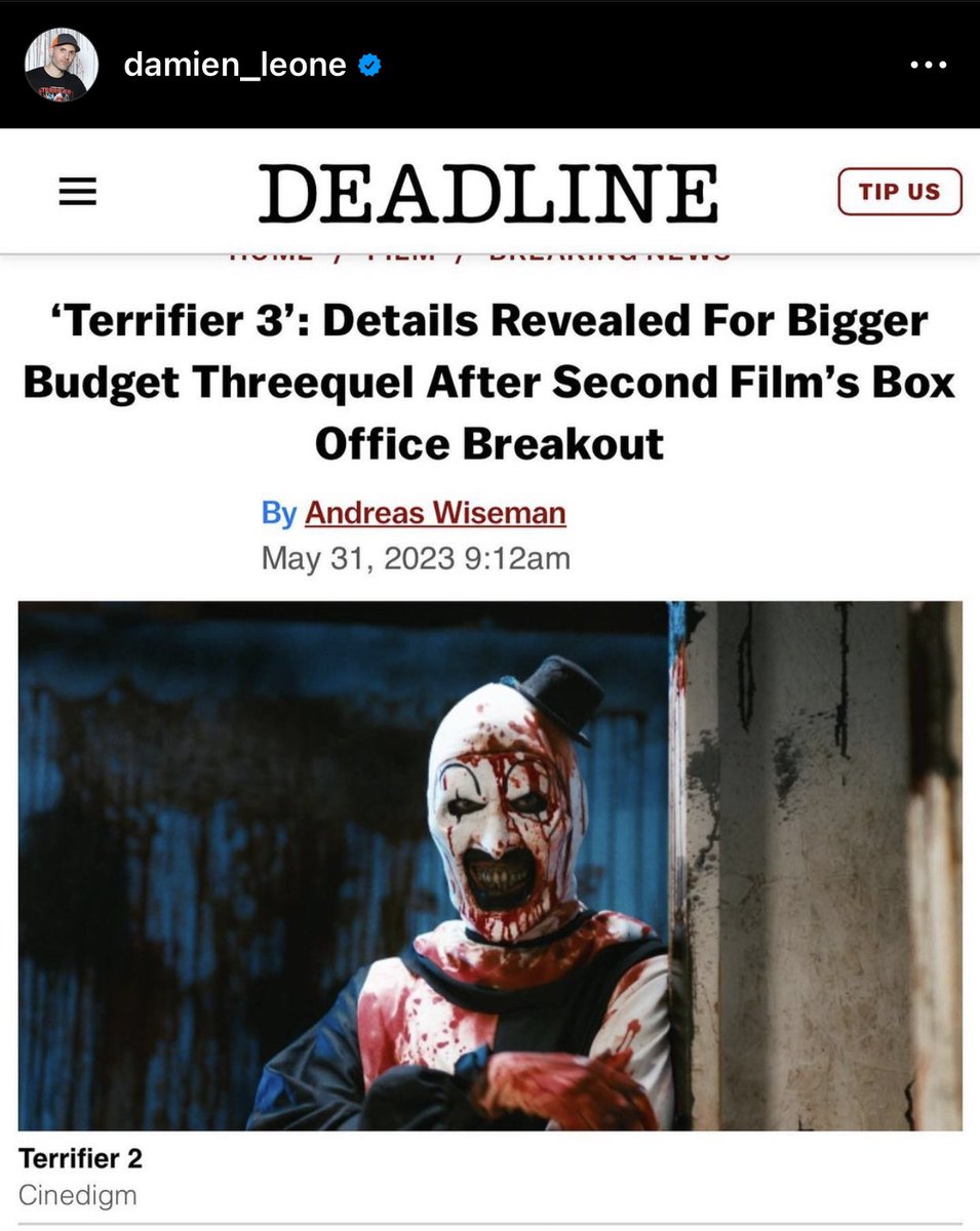 Terrifier 3 is officially HAPPENING 🖤🤍 YESSSSSSS LETS GOOOOO 🫶🏻 #ArtTheClown @damienleone @TerrifierFilm