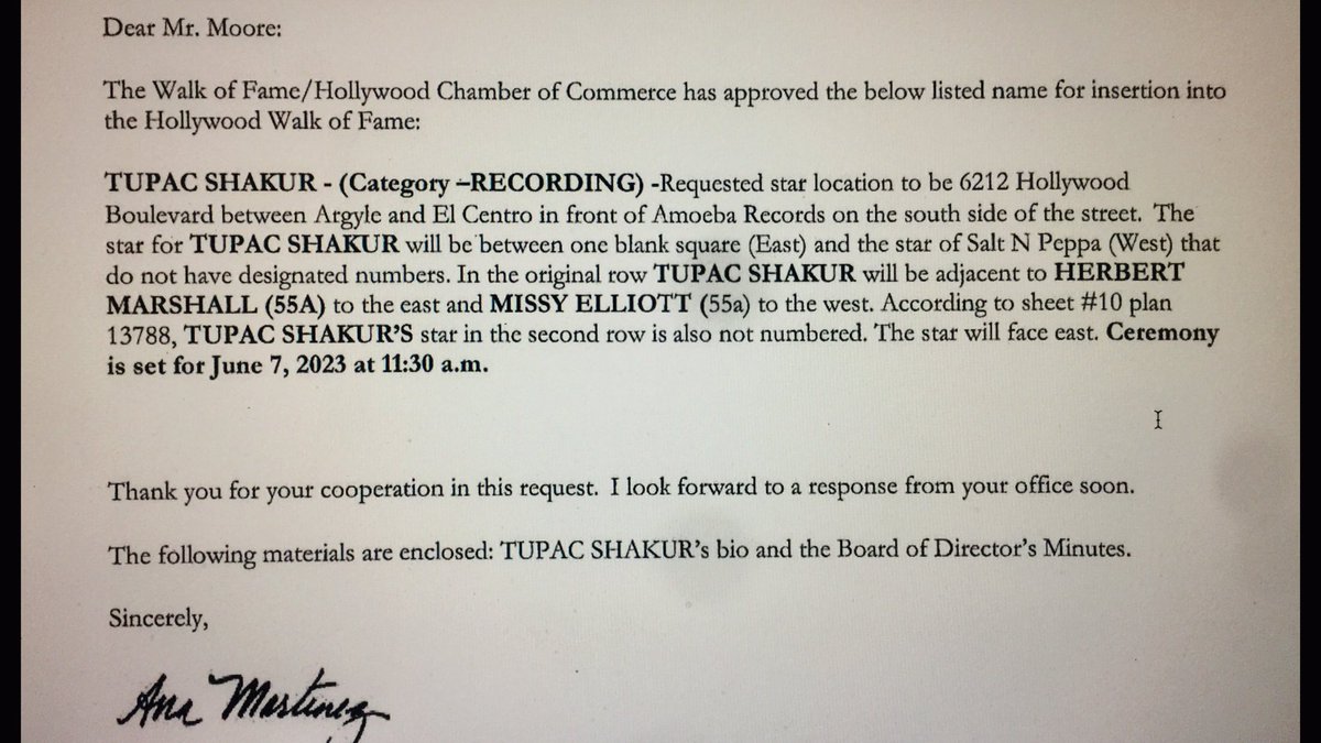 Shakur’s Star will be placed one blank square East & directly West of the Star that honors @SaltNPepa. 

Shakur's Star will be adjacent the Stars honoring @MissyElliott, and early radio/film star Herbert Marshall.

It was approved by #LosAngeles council members in April. 

3/3