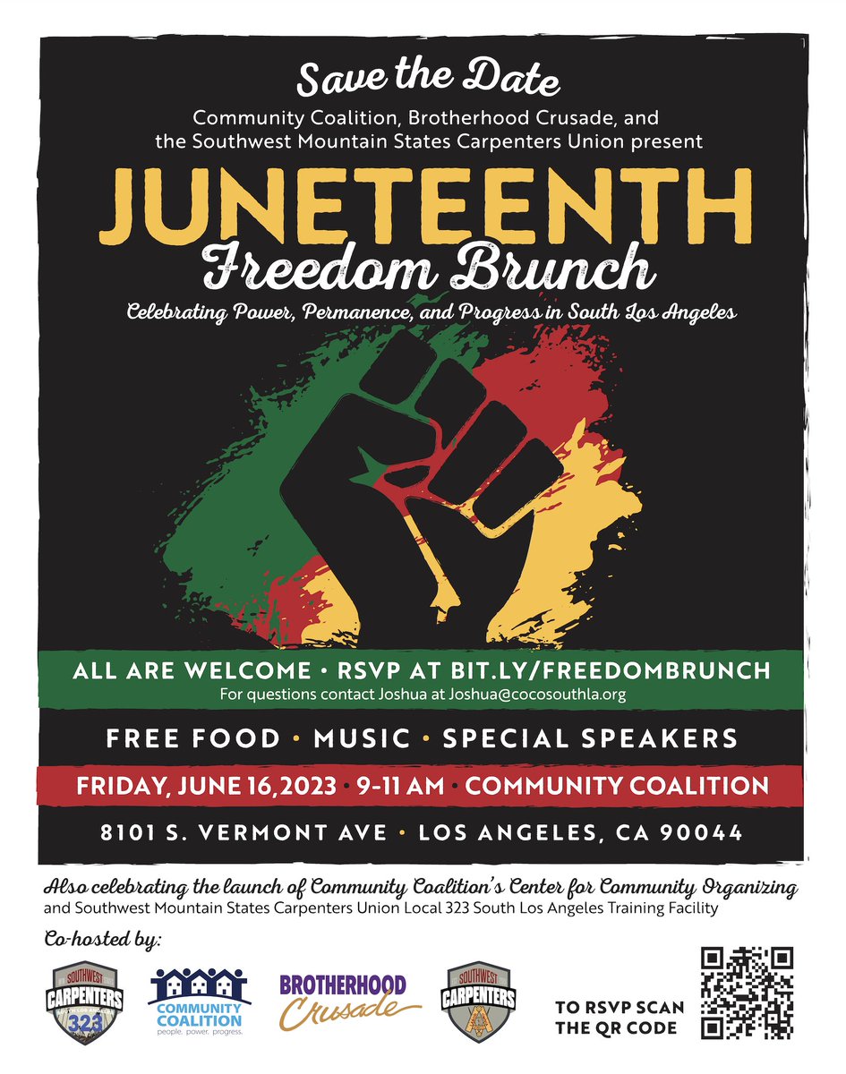 Don't miss the Juneteenth Freedom Brunch! Join #BrotherhoodCrusade, @SWMSCarpenters, and @CoCoSouthLA on June 16th, 9a – 11a at CoCo’s HQ. 📍 RSVP: bit.ly/FreedomBrunch. Spread the word! #Juneteenth #CommunityEmpowerment