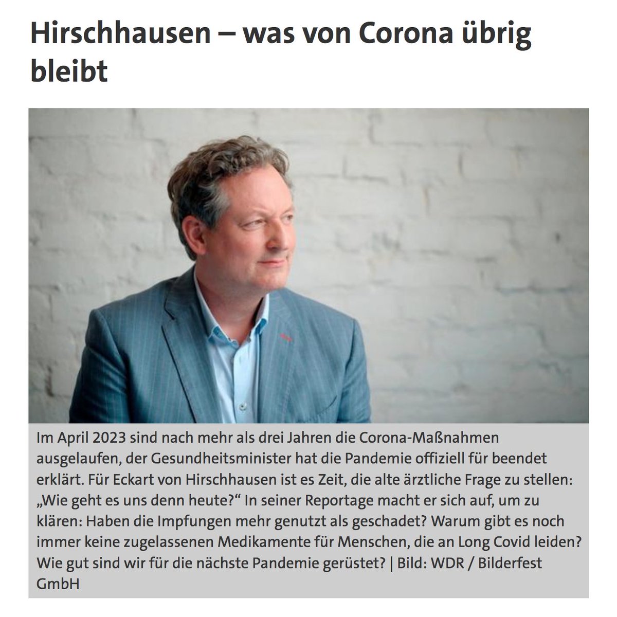LongDeutschland's tweet photo. Hirschhausen - was von Corona übrig bleibt

Am 12. Juni um 20:15 Uhr zeigt @ARDde die 3. Reportage von Eckart von #Hirschhausen zu #LongCovid &amp; #MECFS. Thema ist auch #PostVac. Im Interview Mia Diekow (LCD) u.a.

Von @ks_autorin &amp; @stotttter. Zur Sendung: https://t.co/OLmgXUTeUV https://t.co/iEQzhoDs5b