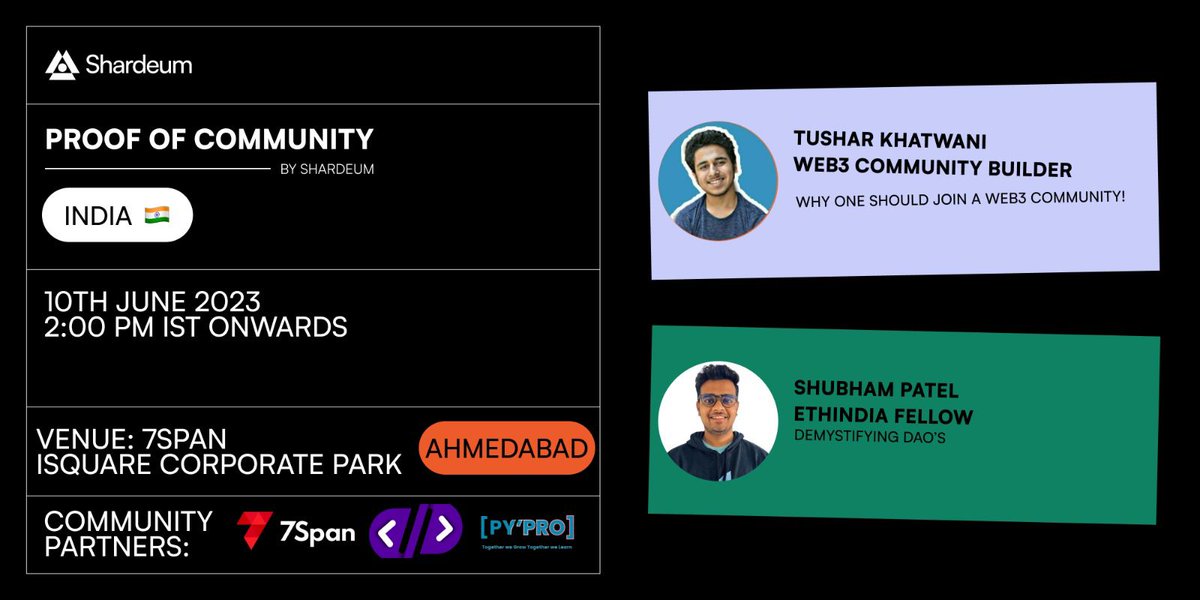 pyprocommunity's tweet photo. ✨Hey, Ahmedabad Web3 Folks!

🎙️We are back again with another Web3 event in Ahmedabad.

🚀 Discover the power of decentralized networks, connect with like-minded individuals, and unlock new possibilities. 

Registration link: https://t.co/dqYp4EFFuM
#Web3 #blockchain https://t.co/HKNXpKRt0S