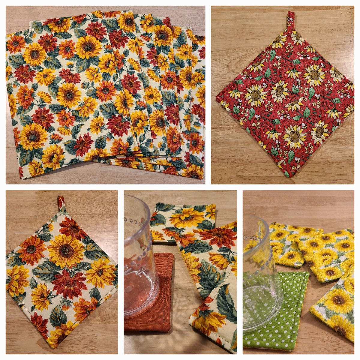 Need a gift for someone who loves sunflowers? Take a look I have placemats, coaster sets, and potholder sets. All are ready to ship. #CBsewsIT #tabledecor #handmade #sunflowers #sunflowerdecor #housewarming #giftideas #coastersets #potholders #placemats #etsyhandmade #homedecor