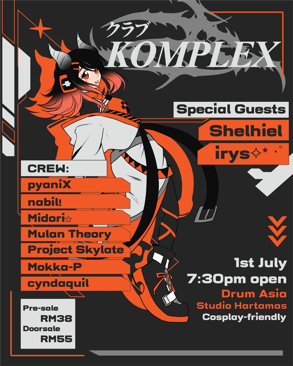 Kerabu Komplex presents our very 1st cosplay-friendly party featuring its crew: nabil!, Midori, Mokka-P, pyaniX, Project Skylate, Mulan Theory, cyndaquil. Bringing you all things anime, memes, bass music, and internet subcultures.

TICKET LINK
docs.google.com/forms/d/e/1FAI…