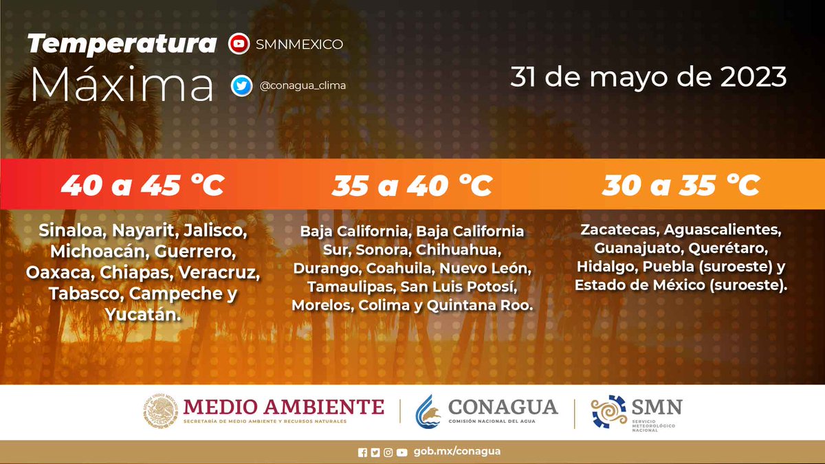 conagua_clima's tweet image. ☀️🥵Hoy se mantendrá el ambiente de caluroso a muy caluroso en los estados del #Pacífico mexicano, la #PenínsulaDeYucatán, y el oriente y sureste del país.

Más información👇🏼