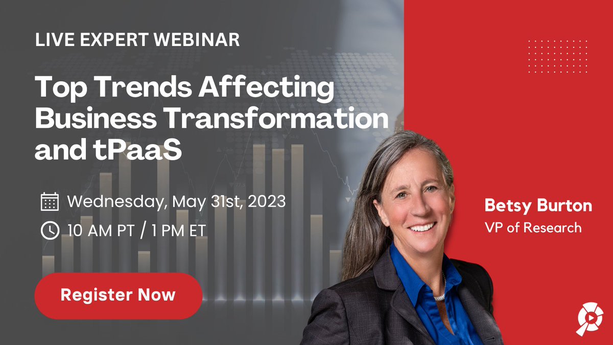 ⏰ STARTING IN TEN MINUTES!
 
Join Aragon VP of Research Betsy Burton's #FreeWebinar to explore the trends affecting business transformation and #tPaaS. 📊 

🔴 LIVE Today at 10 AM PT | 1 PM ET: bit.ly/3oQRIQe