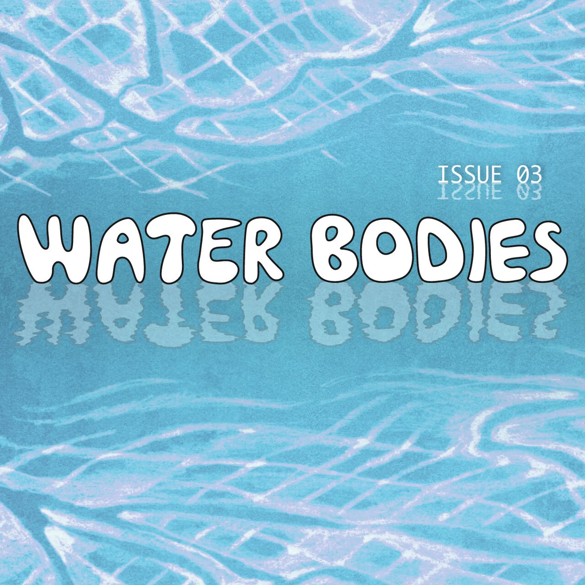 Cover image of COMPOST: Issue 03, Water Bodies. White text on blue background with wavey textured mesh in light pink.
