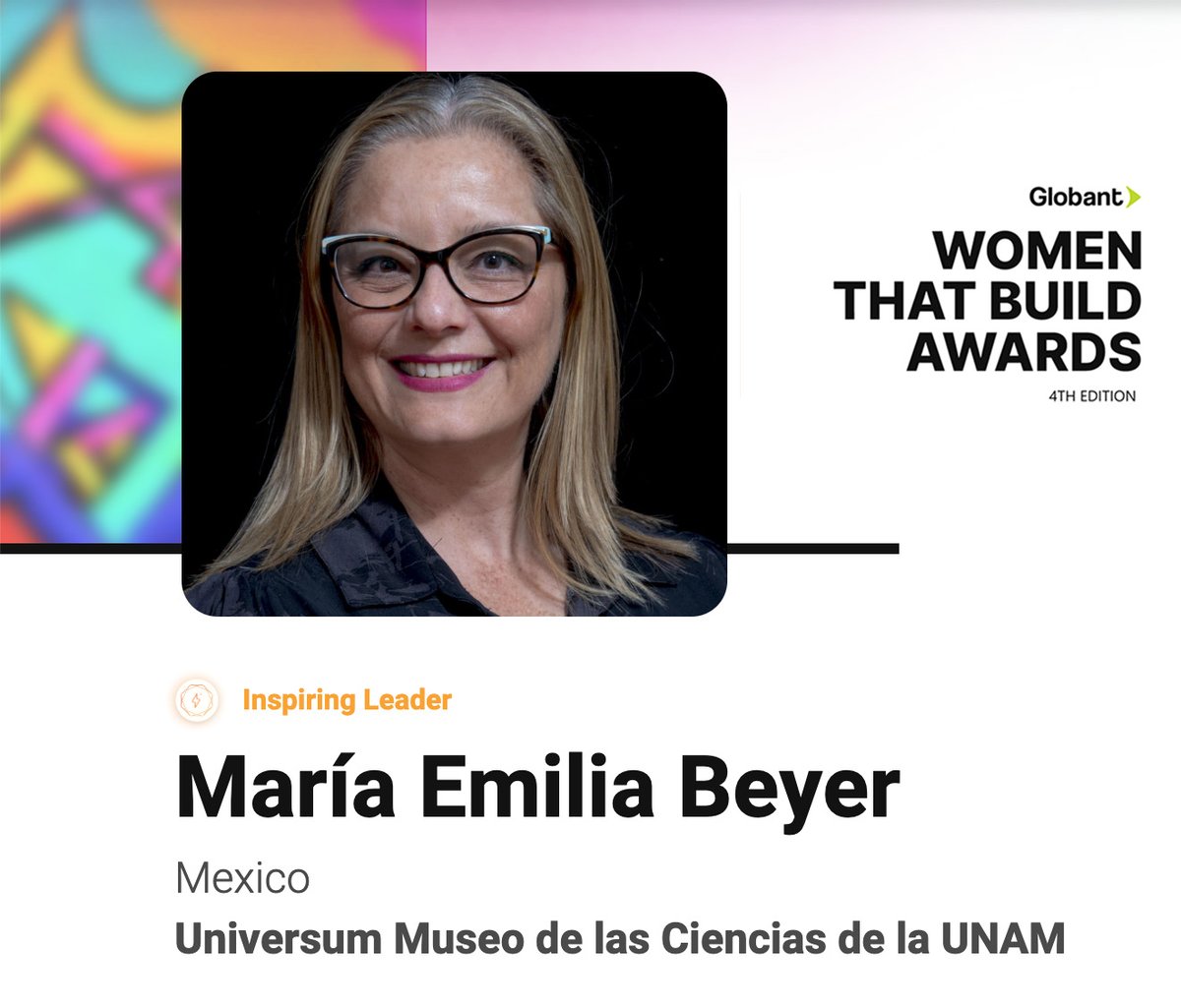 ✨AMMCCyT felicita a la Mtra. María Emilia Beyer directora de <a href="/UniversumMuseo/">Universum Museo</a>  por su nominación en la categoría de 'Inspiring Leader'✨

Apoyemos a nuestra colega votando en 👉 womenawards.globant.com/2023/Inspiring…

#vote #Universum30 #AMMCCyT #GlobantAwards #womenthatbuild #2023