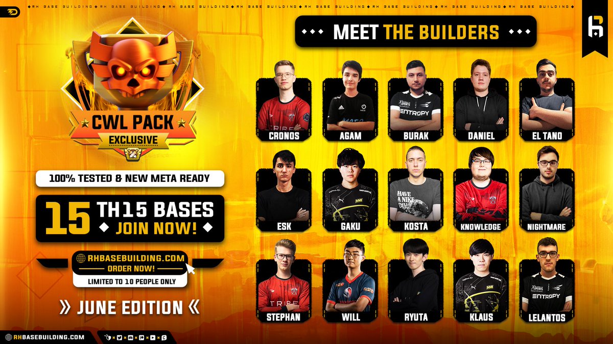 ** Knock knock ** 
Our NEW exclusive CWL Pack is out now! 🚀🔥
1️⃣5️⃣x TH15 bases 
Order yours now &amp; guarantee your clan a strong defense! ✅🛡️
🌐 rhbasebuilding.com/product/th15-c…
#ClashofClans | #CWL | #TH15
