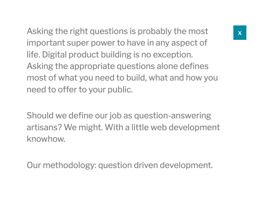 Long time, no see! Lately we have been doing lots of things under <a href="/gobierto/">Gobierto</a> (our brand for public administration products+work), but if you have strategy+design+implementation projects, here we are!