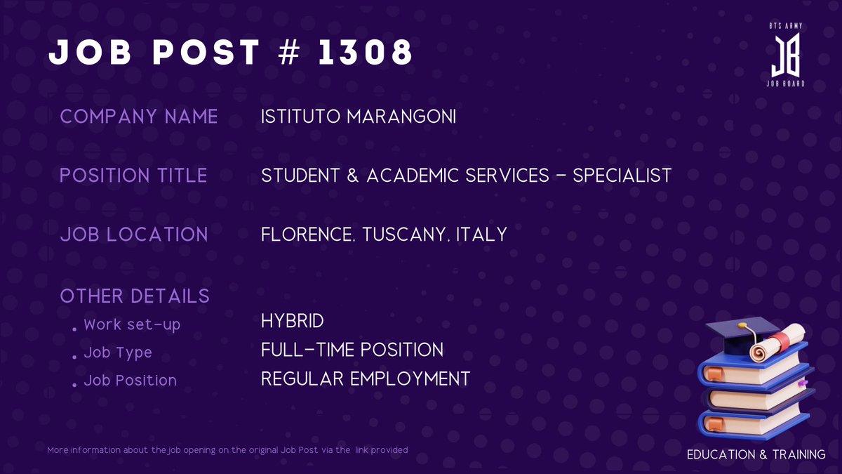 BTSARMYJobBoard's tweet photo. #BAJBItaly
FLORENCE, TUSCANY, ITALY
https://t.co/H08njiv4aZ
#BAJBEducation
ARMYs, kindly contact the job poster / hiring party directly for more information. π
Good luck! π https://t.co/f6OKBNBLjR