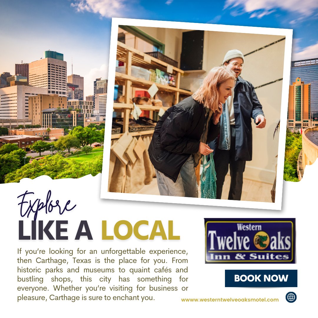 OaksSuites's tweet image. 📍 In our city, every corner has a story to tell. Discover the hidden treasures, charming neighborhoods, and vibrant culture that make our destination truly unique. Explore like a local! 🗺️🔎

#LocalExperiences #CityGuide #WesternTwelveOaks #carthagetexas #hospitality #Carthage