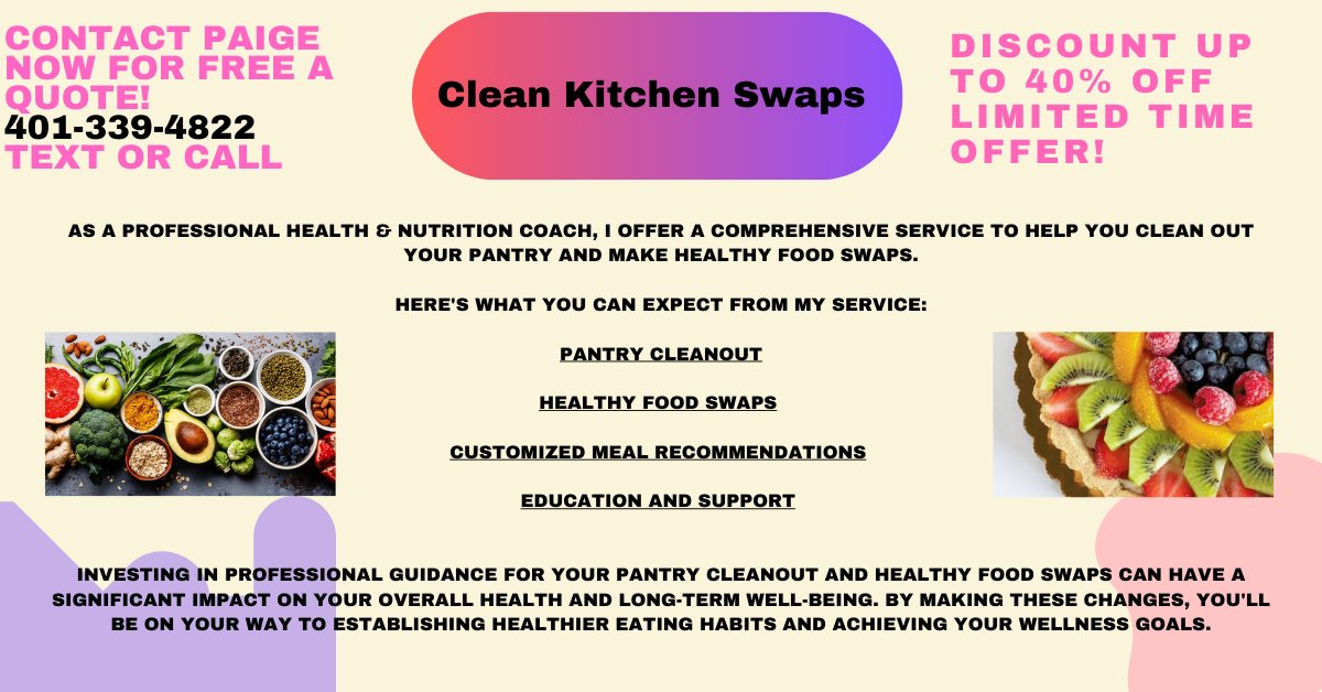 Paige_Wellness's tweet photo. 40% off kitchen pantry cleanouts from a professional health and nutrition coach! Limited time offer!!
A professional will come do all the work for you and teach you how to eat healthier!!!

Contact me for info and pricing 401-339-4822 (text or call)😌
#healthcoach #nutrition https://t.co/FYSD9mV2H6