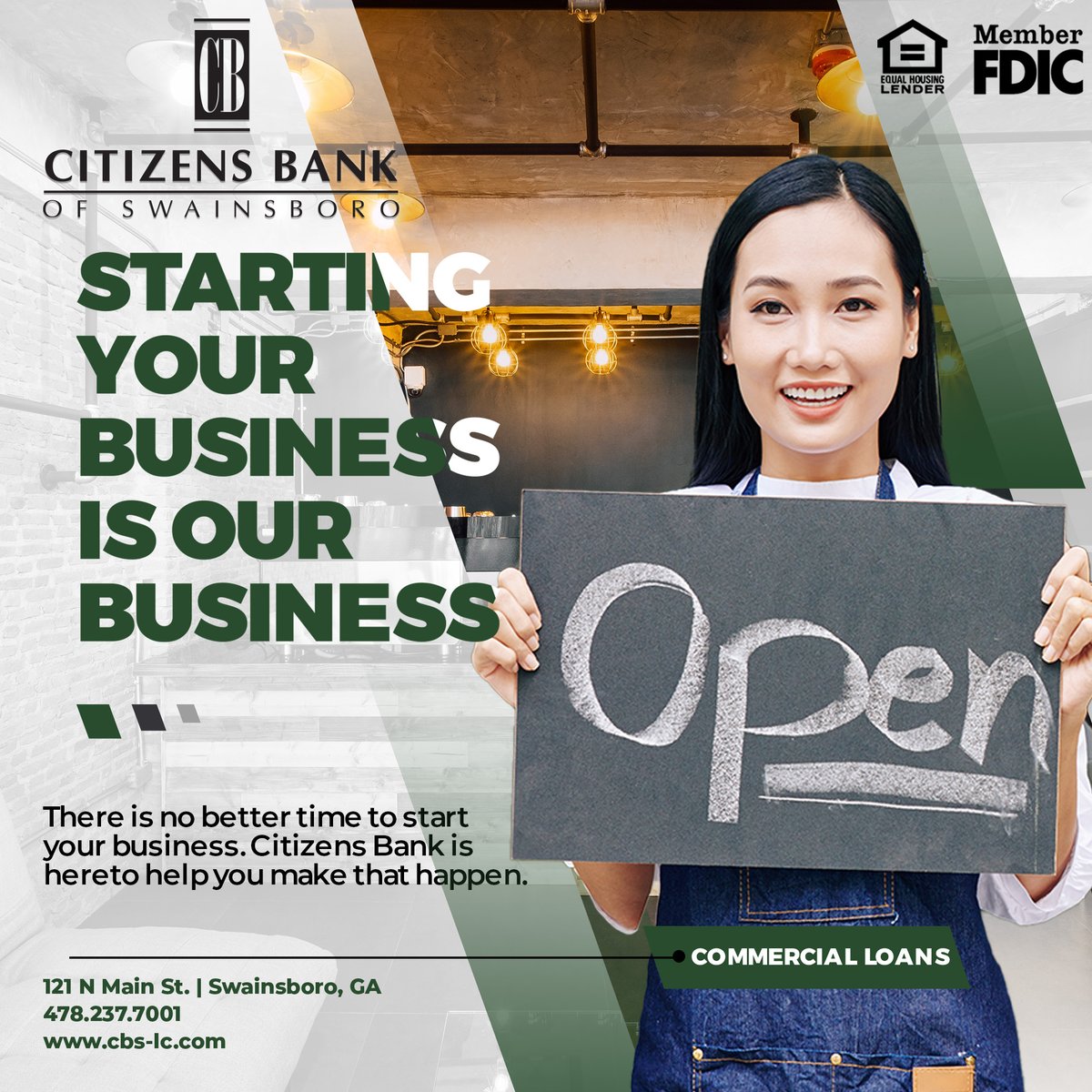 Are you ready to take the next step in your small business adventure?

Let us help get you started with a small business loan today, because “small business is our business!”

#SmallBusinessLoan #CitizensBankSwainsboro