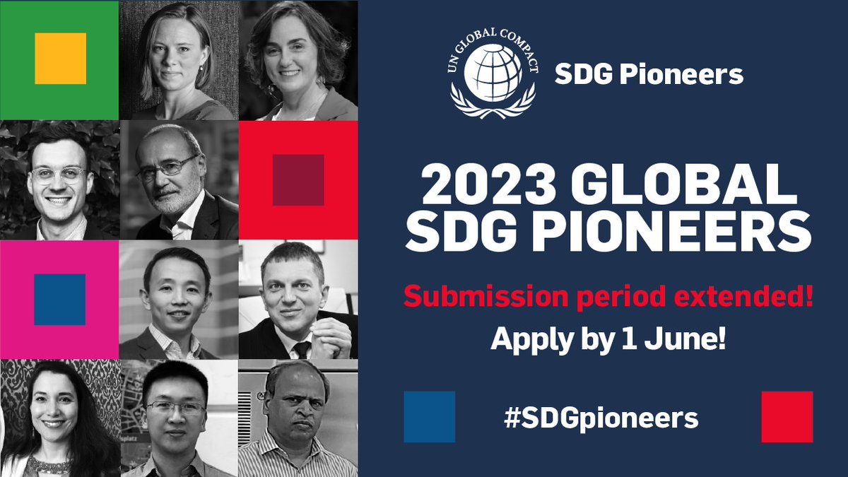 💫 Every year, we celebrate a group of #SDGpioneers — business leaders who are doing an exceptional job in advancing the #GlobalGoals through the implementation of our #TenPrinciples.

⏰ Last chance to apply before 1 June! ⏰
 unglobalcompact.org/sdgs/sdgpionee…

#UnitingBusiness