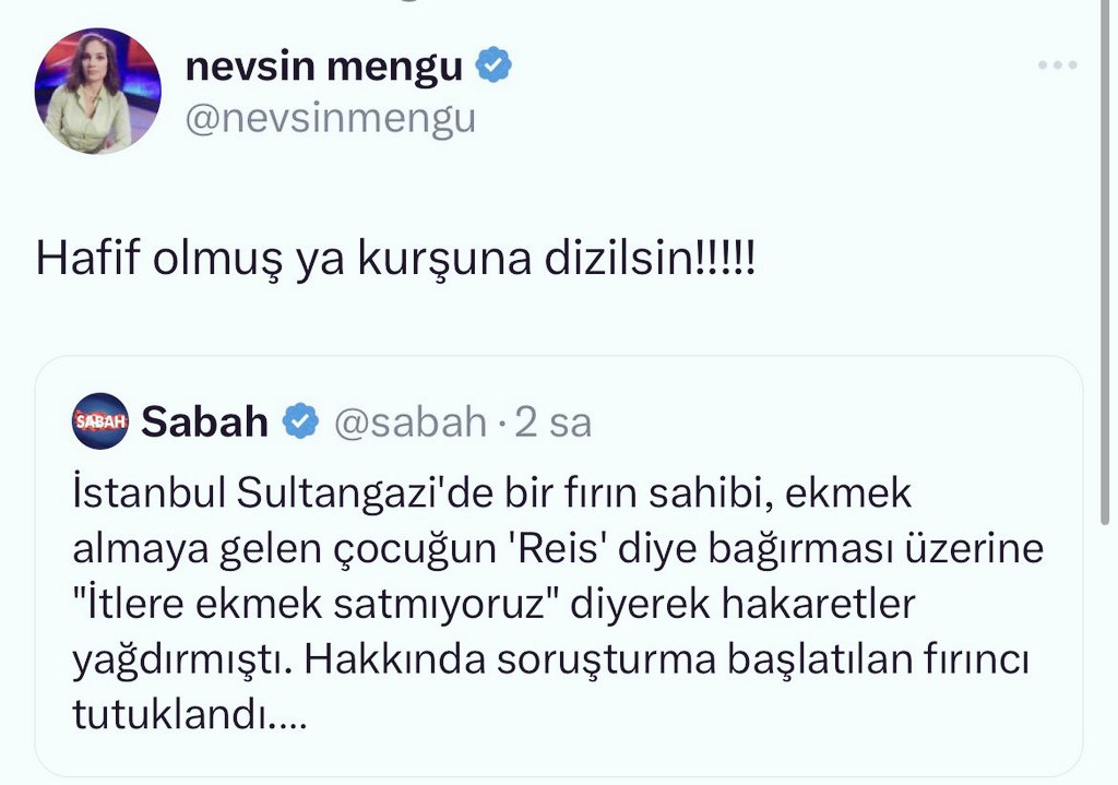 16 yaşındaki bir çocuk sadece Reis dediği için Ekmek bıçağıyla kovala, oradan fı*kının biride çıkmış oldu olacak kurşuna dizin diyor...

Be alçak provakatör kadın, bunu kim yaparsa yapsın biz böyle bir  sonucu alkışlarız...