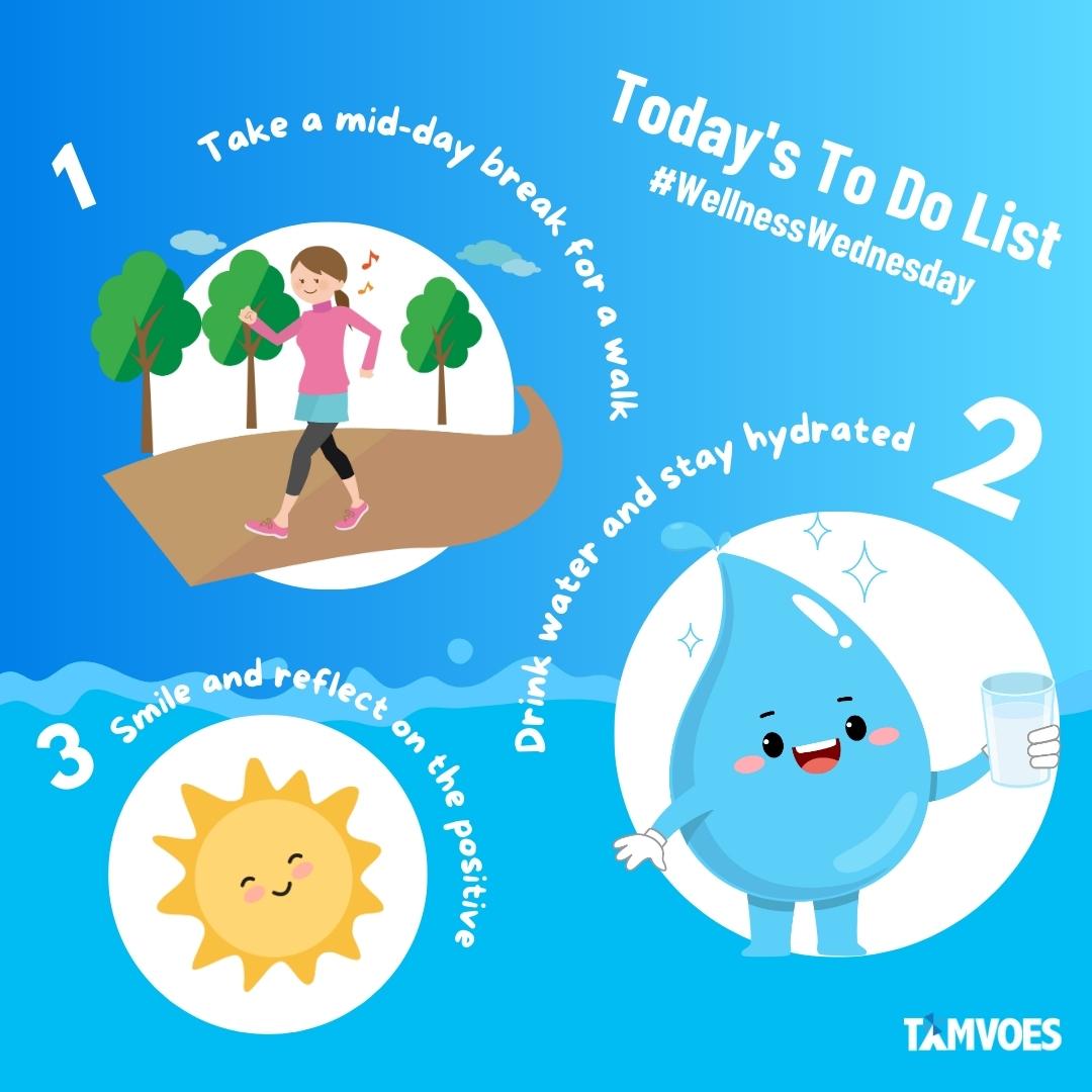 ✨ It's #WellnessWednesday! ✨

Take some time out of your day to make your Wednesday healthier with these 3 steps!
✅ Take a mid-day break and go out for a walk in nature
✅ Drink water and stay hydrated throughout the day
✅ Smile and reflect on the positive things in your life