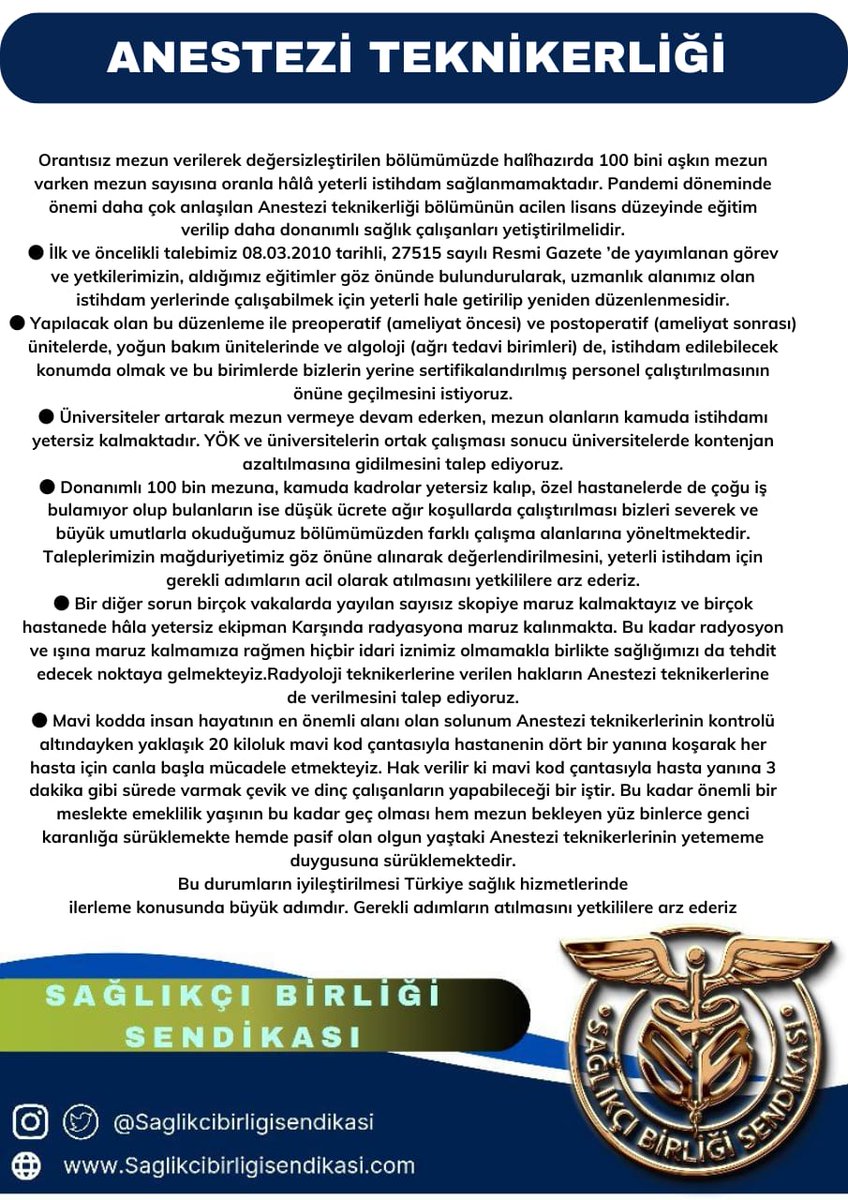 Anestezi teknikerlerinin ve teknisyenlerinin istihdam ve mesleki halkların iyileştirilmesi için mücadele ediyoruz. 

Sağlıkçı Birliği Sendikası olarak sizinleyiz.  <a href="/SaglikciBirligi/">Sağlıkçı Birliği</a>