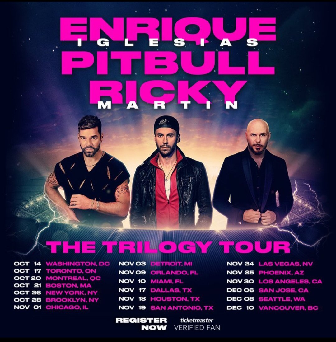 #NEWS : Get ready for fall! 🔥😎

@pitbull, @enriqueiglesias and @ricky_martin announced their new tour #TheTrilogyTour starting on October 14 and ending on December 10 🎉🎶🔥

Register now and follow the steps below, for pre-sale tickets : verifiedfan.ticketmaster.com/trilogytour 🎫

#NEWTOUR