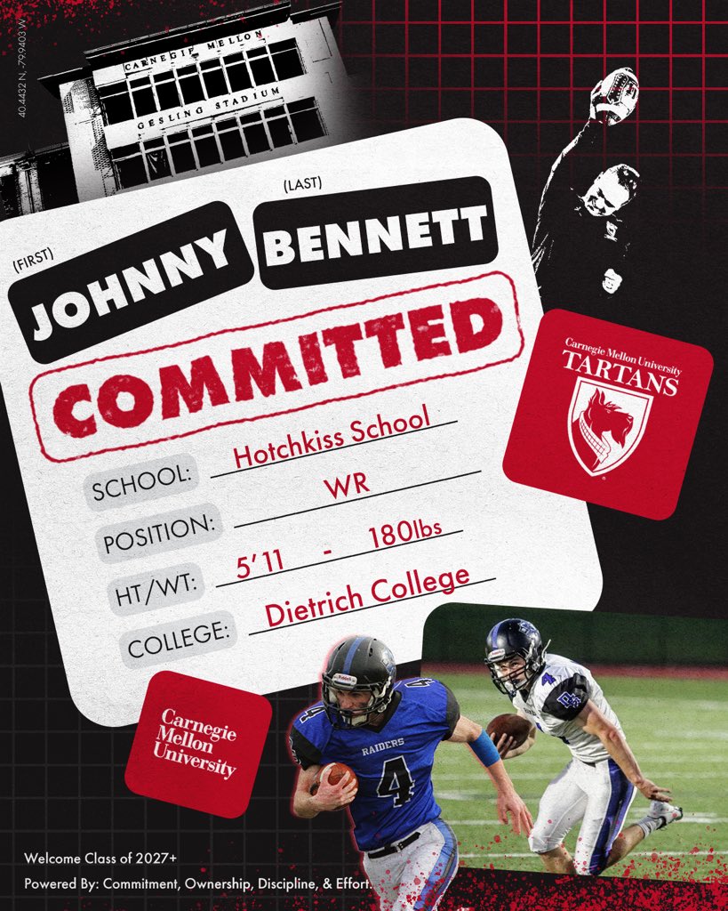 ❕❗️🚨#TartanRi23🚨❗️❕
.
.
👤: Johnny Bennett
📲: <a href="/JohnBennettds/">John Bennett</a>
📚: <a href="/CMU_DietrichHSS/">Carnegie Mellon University Dietrich College</a>
🏈: WR
🏋️‍♂️: 5'11, 170lbs
🎥: tinyurl.com/jbennett2023
🏠: <a href="/HotchkissSchool/">HotchkissSchool</a>
📍: Sherborn, CT
.
.
#CODE | #BYB | #RDT