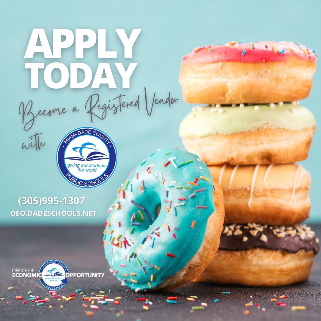 cpebamiami's tweet image. In order to conduct business with @MDCPS, your business must be registered through our Procurement Department as a #RegisteredVendor.
The free application is found online through our website, and technical assistance is available.
#NationalDoughnutDay #OpportunityisKnocking