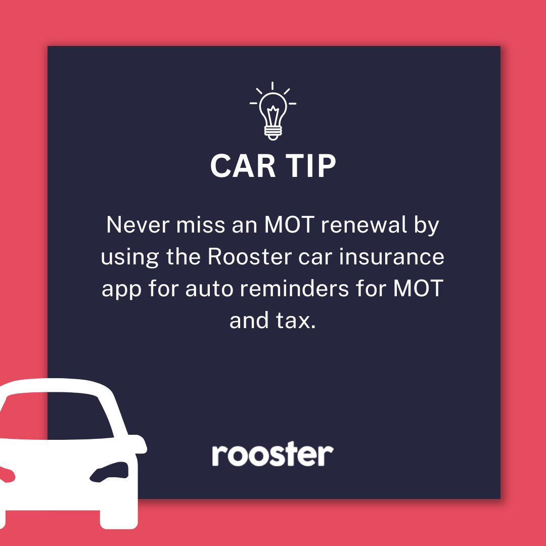 Car tips! 💡

Never miss an MOT renewal by using the Rooster car insurance app for auto reminders for MOT and tax.⁠

.
.
#roosterinsurance #cars #carinsurance #driving #ukinsurance #uk #insurance #cartip #usefulinfo #carhack #hacks #roadhack