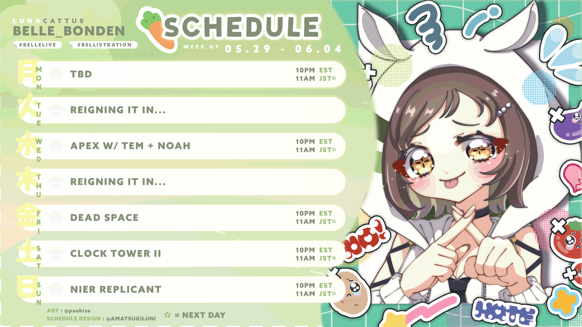 Belle_bondEN's tweet photo. 🌻 WEEKLY SCHEDULE 05.29 - 06.04 🌻
TAGS
ART: #bellistration
NSFW: #bellussy
LIVE: #bellelive
PET PICS: #bellezoo
LINKS
YT: https://t.co/wLbR8RgQwE
THRONE: https://t.co/a9R4kLMvHW
MARSHMALLOW: https://t.co/qrLocWfG9S https://t.co/bLmCYtnM4G