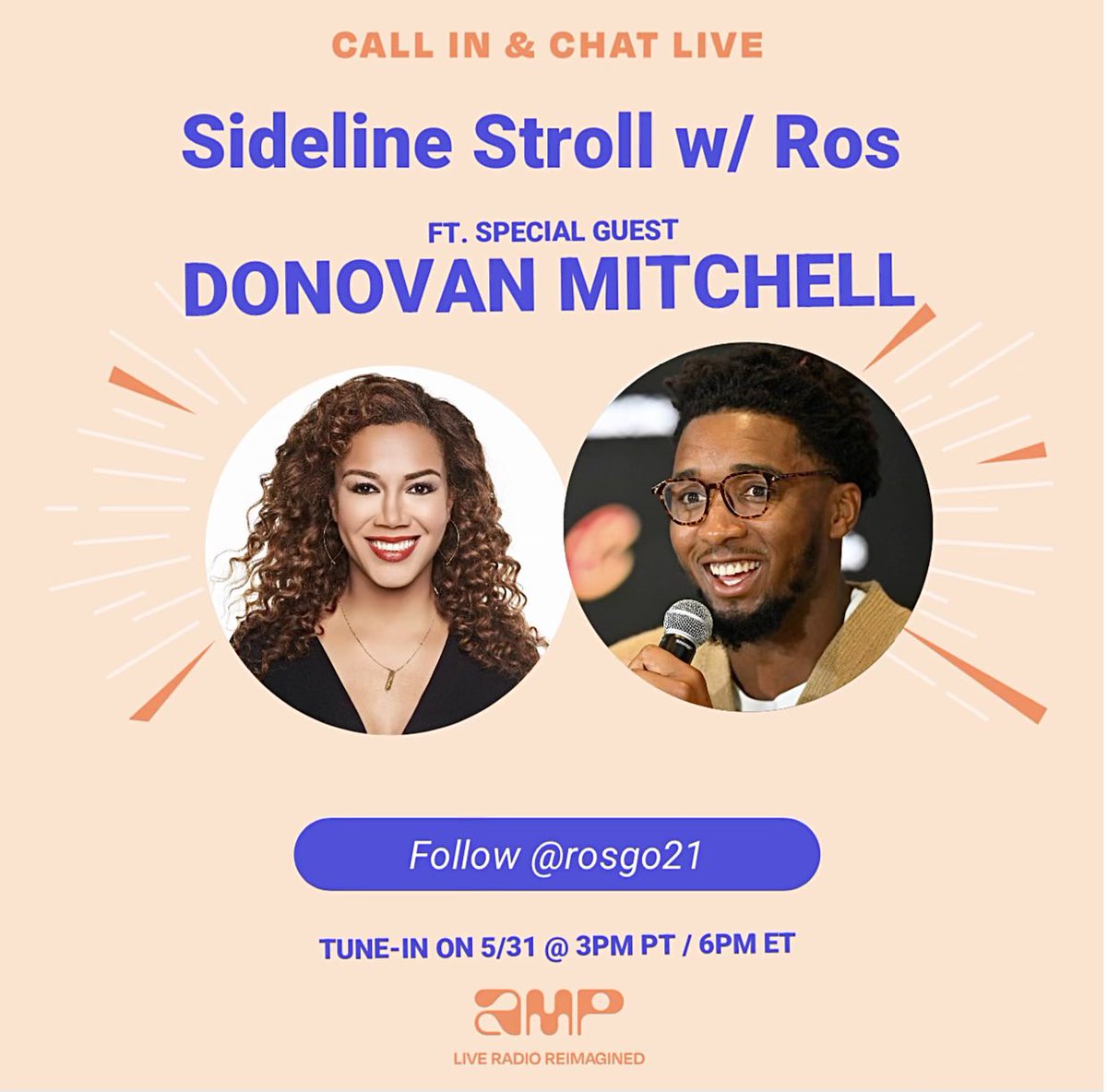 Today! Donovan Mitchell joins me live on <a href="/onamp/">AMP</a> today at 6pm Eastern for a new episode of “Sideline Stroll with Ros”. Download <a href="/onamp/">AMP</a> to listen live and follow me at @rosgo21 to get notified! <a href="/spidadmitchell/">Donovan Mitchell</a> 
👉🏽 live.onamp.com/hI4l9iLheAb