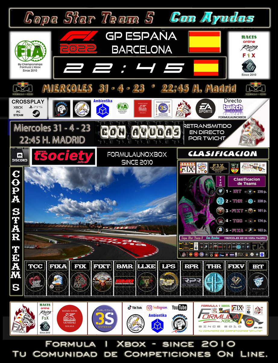 XboxFormula's tweet image. F1 22 - CrossPlay
12ª Temporada
Copa Star Team 5 - F1X
Con Ayudas F1X
Hoy Miercoles 24/5/23
Race 7/14
22:45 Hora España
GP España
Organizan: F1X RAFITA91 &amp;amp; F1X PaPa
2 Drivers x Team
BMR+F1XV+THR+IRT+RPR+F1XN+F1X+TCC+F1XT+LLXE+F1XA+AZTK

Directos Twicht
twitch.tv/formulaunoxbox