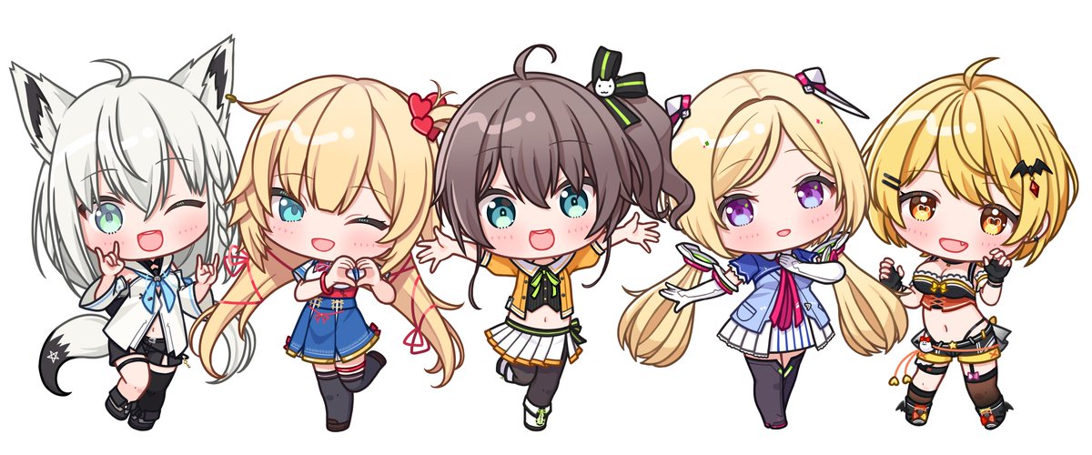 akai haato ,aki rosenthal ,natsuiro matsuri ,shirakami fubuki ,yozora mel multiple girls blonde hair brown hair fox ears fox girl chibi bat hair ornament  illustration images