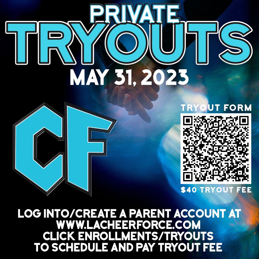 Missed tryouts? It’s not to late!!
Private tryouts tonight May 31. 

1. Log into/create a parent account at lacheerforce.com click enrollments/tryouts to schedule and pay tryout fee

2. Fill out tryout form at form.jotform.com/rgvaughn22/lou…